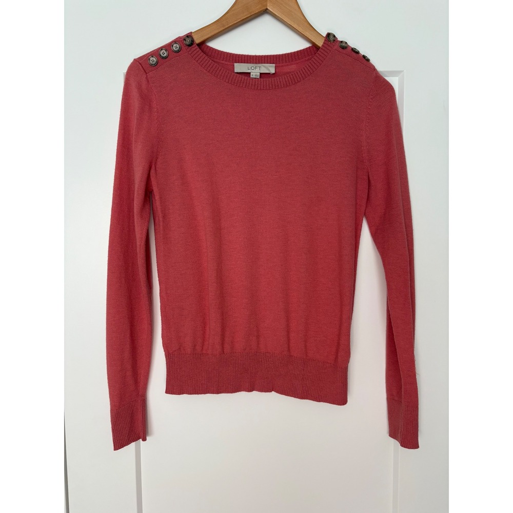 LOFT‎ Preppy Coastal Coquette Coral Pink Button Shoulder Wool Blend Crew Neck XS